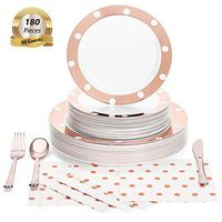 180 Pcs Serves 30, Rose Gold Party Supplies Set | Reusable | No Flimsy Plates Or Weak Cutlery | Polka Dot Disposable Plastic Dinnerware | Includes Dinner Plates/Dessert Plates, Cutlery, 3-Ply Napkins