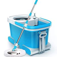 GHH Mop and Bucket Set, Mop and Buckets Sets On Wheels Space Saving Spin Mop for Hardwood Floor Cleaning Send 2 Microfiber Mop Refills,Blue