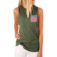 LiqniudD Women's Round Neck Tank Tops Summer Casual Blouse American Flag Pocket Sleeveless Vest (M, Green)