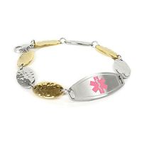 My Identity Doctor - Custom Engraved Medical ID Bracelet for Women - Gold Tone Steel 1.5cm Petals - Pink - Wrist Size 7 Inch