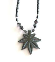 Reggae Healing Hematite Necklace with Cannibus Hemp Grass Pendant