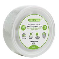 Mexago Disposable Plates with 3 Compartment - 10 inch | 100 Count - Natural Alternative to Paper Plate | Made of Sugarcane Bagasse