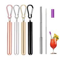 Reusable Stainless Steel Straw Set Portable Telescopic Food Grade Metal Drinking Straws with Silicone Tips, Stainless Steel Carrying Case and Carabiners, Cleaning Brush, 4 Pack