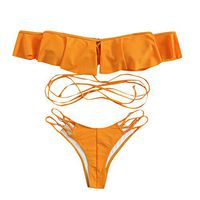 Gojendy Women Solid Color Bathing Suit Off Shoulder Ruffled Hollow Cheeky Bottom Swimsuit (M, Orange)