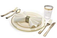 " OCCASIONS" 1080 pcs/120 Guest-Full Tableware Set - Wedding Disposable Plastic Plates Silverware, Gold Rimmed Tumblers & Linen Feel Napkins w/napkin Rings (Combo C, Ivory & Gold Rim)