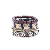 callm 4pc Vintage Multilayer Wood Leather Braid Rope Bracelet Bangle for Men Women