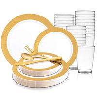 Disposable Plastic Dinnerware Wedding Value Set for 60 Guests - Fancy Round White with Gold Glitter Dinner Plates, Dessert/Salad Plates, Gold Silverware Set & Cups For Birthday Party & Other Occasions