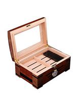 Art Wooden Cigar Box with Front Thermometer Humidifier, Cedar Pad Storage Box, Large Capacity 100 Cigars, Free Digital Humidity Thermometer, Brown