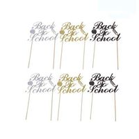 SUPVOX 6pcs Glitter Cake Toppers Paper Back to School Celebrative Cupcake Decor Ornaments Desert Picks Cupcake Toppers for School Welcome Party