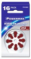 Powermax Size 312 Hearing Aid Batteries, Brown Tab, 16 Count