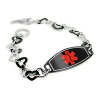 My Identity Doctor - Custom Engraved Medical Alert Bracelet for Women - 1cm Steel Black Hearts - Red, Black - Wrist Size 6 Inch
