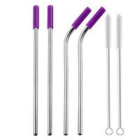Set of 4 Stainless Steel Drinking Straws with Silicone Tips Reusable Mental Straws with 2 Cleaning Brushes (2 x Straight Straws + 2 x Curved Straws) (purple)