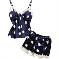 Sunhusing Ladies Sexy Satin Lace Splicing Wavy Dot Print Camisole + Elastic Waist Shorts Pajamas Underwear(Navy,S)