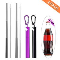 AriTan Telescopic Metal Straws with Bottle Opener 2 Pack, Portable Collapsible Stainless Steel Drinking Straw with Case and Cleaning Brush, Perfect for Travel Home Office (Black/Purple)