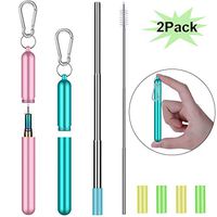 Reusable Straws Stainless Steel, Collapsible Metal Straws Drinking Straw with Portable Travel Case, Keychain, Cleaning Brush, Silicone Tips, 2 Pack (Rose Gold & Aqua Blue)