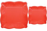 Scalloped Embossed Square Premium Paper Plates: Bundle Includes Dinner Plates and Appetizer/Dessert Plates for 8 Guests (Coral Red)