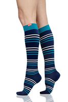 VIM & VIGR Nylon 15-20 mmHg Graduated Compression Socks for Women & Men (Navy & Teal Fresh Stripes, M/L Wide Calf)