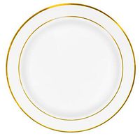 50 Premium Gold Rim Plastic Plates for Dinner Party or Wedding - 10 Inch White Gold Rimmed Disposable Plastics Plates