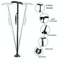 Medi-Cane Sturdy Standalone Folding Travel Walking Cane with Flashlight and Pivoting Wide Quad Foot Base Adjustable Hight Cane (Short, Flashlight Wide Base)