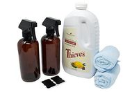Thieves Cleaner Kit – Includes Young Living Thieves Cleaner 64 fl.oz, (2) Plastic Amber Spray Bottles 16oz (PET #1 – BPA Free) w/Reusable (2) Chalk Labels, and (2) Microfiber Cloths