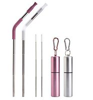 Straw 2Pack Metal Straws Reusable Straw Collapsible Straw Stainless Steel Straws Port Drinking Straw Silicone Straw Beverage Aluminum Key-chain Cases Cleaning Brushes Tumbler (Pink & White)