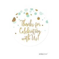 Andaz Press Mint Green Gold Glitter Boy Baby Shower Party Collection, Round Circle Label Stickers, Thank You for Celebrating with US, 40-Pack