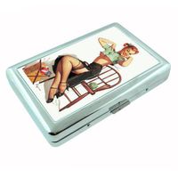 Pin Up Redhead Girl Knitting Sweater Metal Silver Cigarette Case Holder Box D-543
