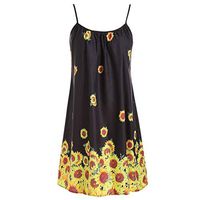 Womens Sunflowers Midi Dress Spaghetti Straps Loose Fitting Floral Printed Sun Dresses Summer Casual Tshirt Dress Flowy Pleated Sleeves Flowers Tank Dress