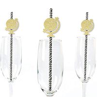 Gold Glitter World Globe Party Straws - No-Mess Real Gold Glitter Cut-Outs and Decorative Travel Themed Party Paper Straws - Set of 24
