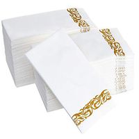 Disposable Hand Towels Napkins | Guest | Bathroom | Wedding | Soft and Absorbent Linen-Feel Paper | 100 Count | White with Gold Design - by Aya's Cutlery Kingdom
