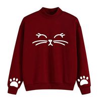 Meikosks Women's High Collar Sweatshirts Cat Printing Tops Cute Tunic Long Sleeve Pullover Blouses Wine