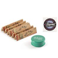 6 Packs Zig Zag King Size Unbleached Rolling Paper + 3-Piece 63mm Beamer Acrylic Grinder with Storage Compartment + Beamer Smoke Sticker