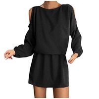 Eoeth Women Sexy Cold Shoulder Solid O-Neck Long Sleeves Hollow Out Mini Dress Fashion Casual Loose Sexy Romper Jumpsuit Black