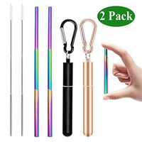 Malier Telescopic Reusable Collapsible Straw, Rainbow Stainless Steel Metal Straws Food-Grade Drinking Straws Keychain Portable Set with Aluminum Case & Cleaning Brush (Rose Gold & Black)