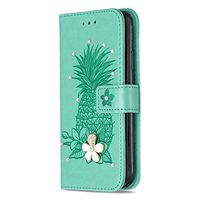3D Crystal Flower Wallet Case for iPhone 11 6.1" 2019,Aoucase Cute Pinapple Painted Diamond Magnetic Strap PU Leather Card Slot Shockproof Flip Stand Case with Black Dual-use Stylus,Mint Green