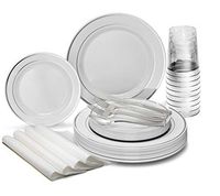 " OCCASIONS" 960pcs set (120 Guests)-Heavyweight Wedding Party Disposable Plastic Plate Set -120 x 10.5'' + 120 x 7.5'' +Silverware +Cups+linen like paper Napkins (White & Silver Rim)