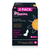 MaxION Cotton Maxi Pads Super Plus Extra Long 100% Cotton Winged Menstrual Pads Natural Ion Odor Protection Feminine Pads Chlorine Free, Chemical Free, Eco Friendly, 2 Packs of 8