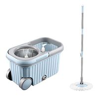 MOP Spinning and Bucket Cleaning Set with Brush Adjustable Hangable with Roller Wheel Blue Head2
