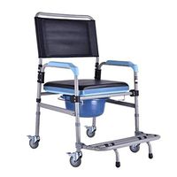 Folding Portable Shower Chair Commode Mobile Commode and Wheelchair Toilet,with Wheels and Brakes Aid Walking Chair,Blue