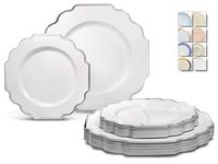 " OCCASIONS" 120 Plates Pack,(60 Guests) Heavyweight Wedding Party Disposable Plastic Plates Set -60 x 10.5'' Dinner + 60 x 8'' Salad/Dessert Plate (Imperial White and Silver Rim)