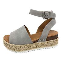 LONGDAY ❤ Women Espadrille Sandal Platform Wedge Halter Ankle Strap Open Toe Faux Leather Studded Wedge Summer Sandal Grey