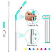 Collapsible Telescopic Straw Reusable Drinking Straws,Portable Stainless Steel Metal Straw Folding Final with Carrying Case&Cleaning Brush Keychain Carabiner&Silicone Tips for Travel-Turquoise