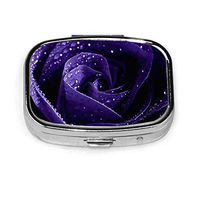 Blue Purple Floral Rose Pill Box Square Metal Pill Case Two Compartment Pocket Medical Drug Tablet Medicine Storage