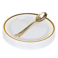 Fancy Disposable Dessert Plates with Spoons - 50 Piece Gold Plastic Party Plates and 50 Mini Dessert Spoons for Weddings, Party, Baby Shower, Birthday, Holiday - Service for 50 Guests (Gold Rim)