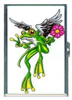 Frog Peace Angel Flower Tattoo Double-Sided Cigarette Case, ID Holder, Wallet with RFID Theft Protection