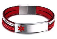 Free Engraving Medical Alert ID Bracelet for Women with 2-Layers Velvet & Rhinestone Link 7.5",Red