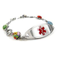My Identity Doctor - Customized Medical Alert Bracelet for Women with Engraving - 1.2cm Steel, Glass Hearts - Red - Wrist Size 6.25 Inch