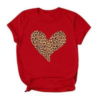 Sunhusing Women's Casual Round Neck Short Sleeve Leopard Love Heart Pattern Print Slim Solid Color T-Shirt(Red,M)