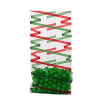 Small Red & Green Diagonal Stripe 7x2x3" Cello Party Treat Food Snack Food Bags (100 ct)