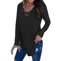 HIRIRI Women's Lace Up Front Long Sleeve Tops V Neck Baseball Tee Shirt Loose Tunic Shirts Pullover Black